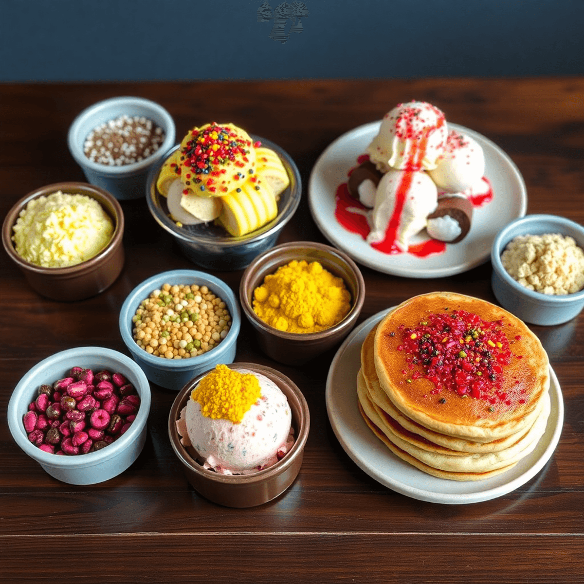 Assorted colorful dessert toppings in bowls, sprinkled over ice cream, cookies, and pancakes on a wooden table.